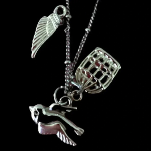 Silvertoned Necklace with multicharm(cage, bird and wing charms) pendant - Picture 5 of 9